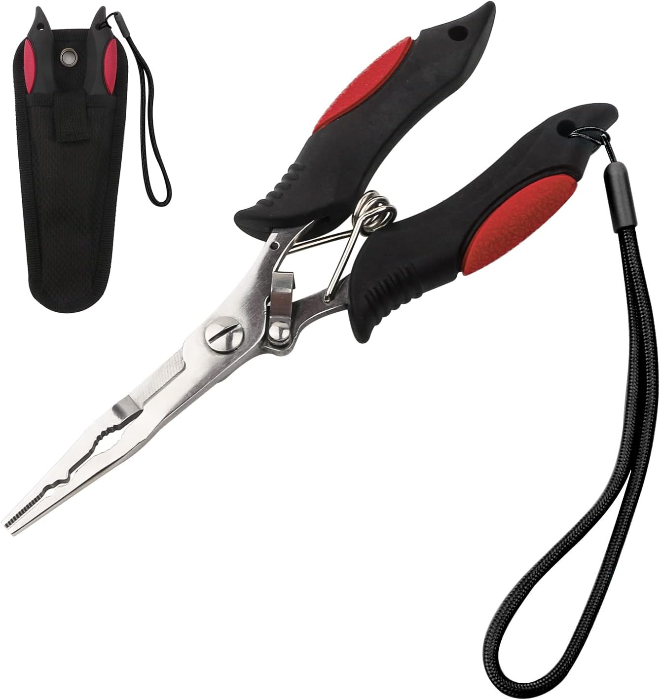Fishing Pliers Stainless Steel Hook Remover Braid Cutter Rustproof Saltwater Split Ring Pliers Fishing Multi-Tools with Sheath and Lanyard