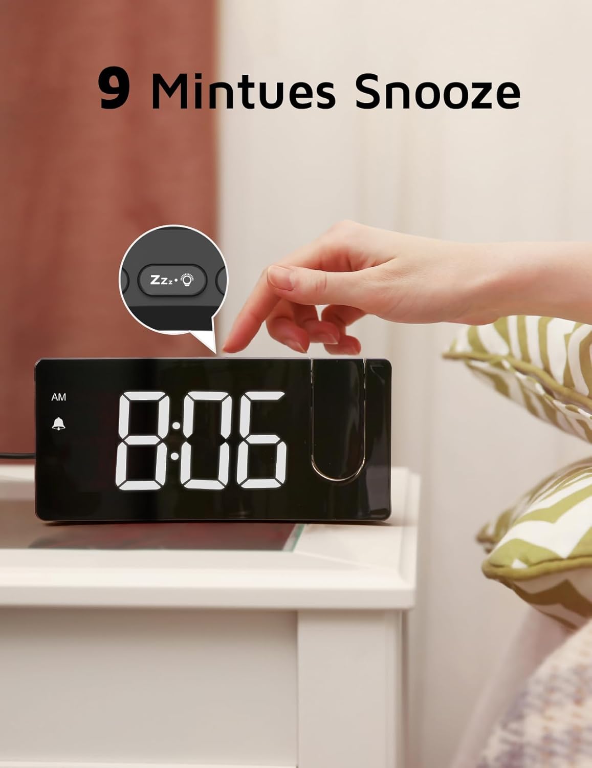 GOLOZA Projection Alarm Clock, Digital Clock with Modern Curved Design 180° Rotatable Projector, 3-Level Brightness Dimmer, Clear Blue LED Display, Progressive Volume, 9mins Snooze,12/24H, for Bedroom