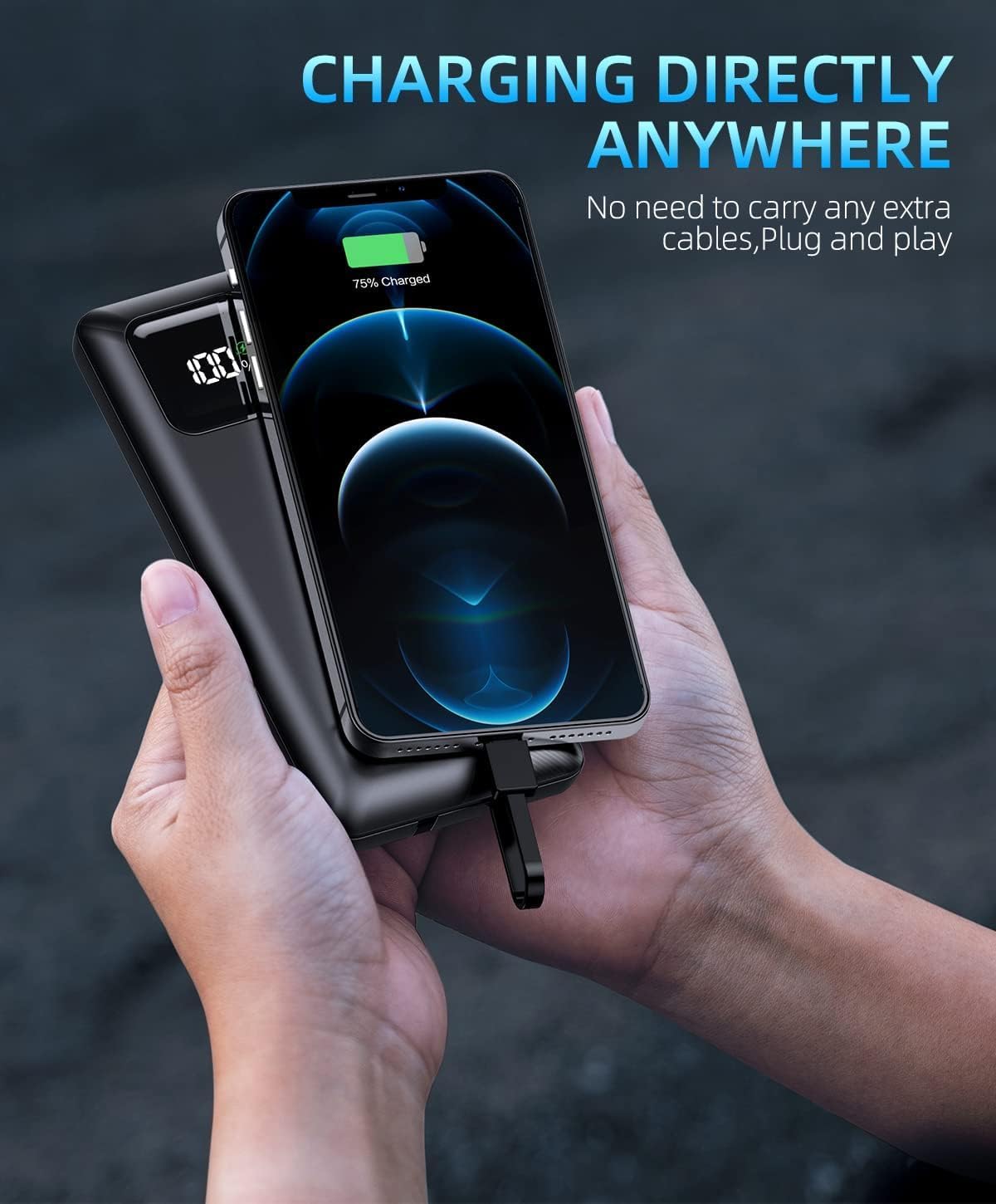 Power-Bank-Portable-Charger - 16000mAh Power Bank Support PD 30W and QC4.0 Fast Charging wiht Built-in 2 Output Cable and LED Display for iPhone and Android Phones and Most Electronic Devices