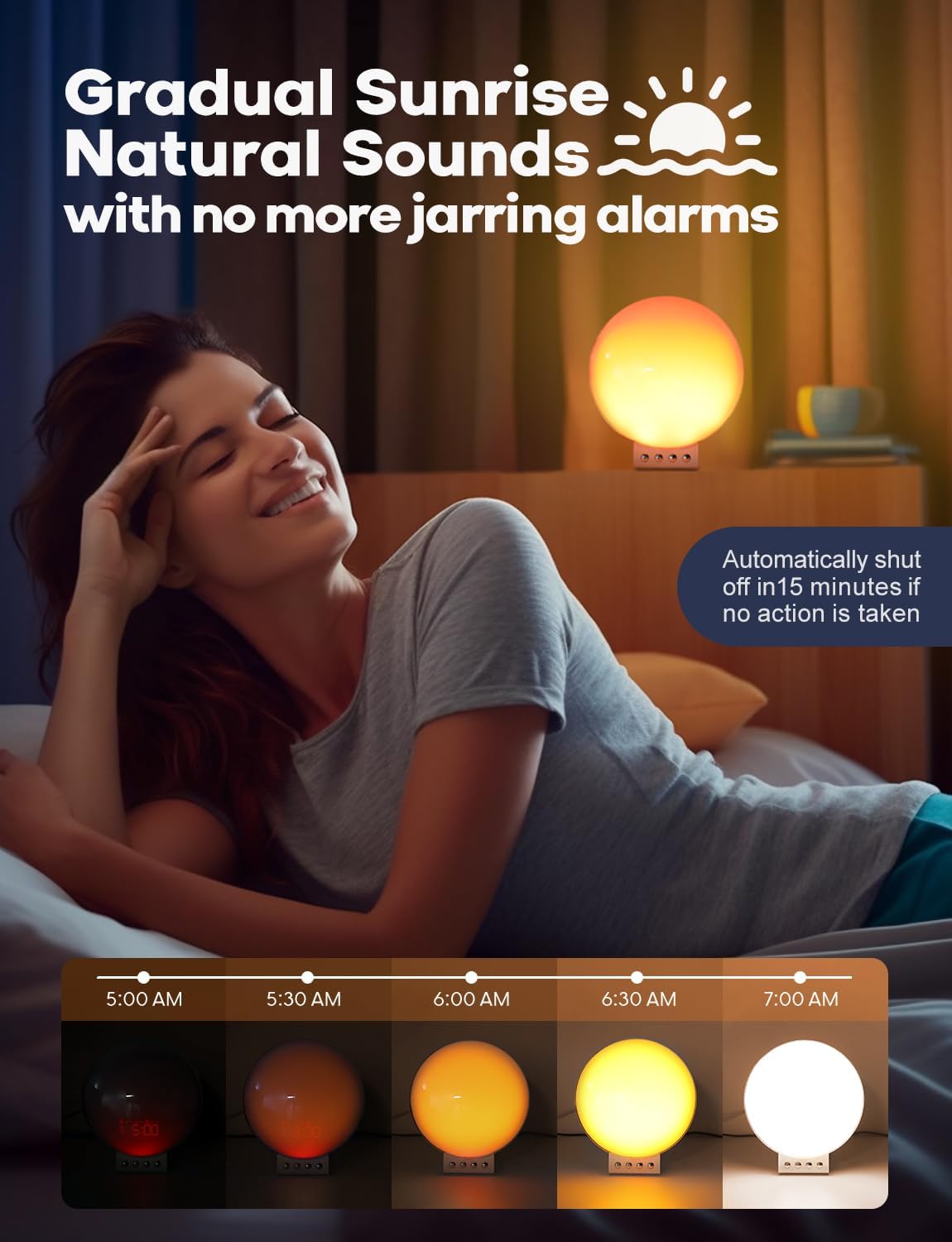 Sunrise Alarm Clock for Heavy Sleepers, Wake Up Light with Sunrise/Sunset Simulation, Dual Alarms & Natural Sounds, Snooze & Sleep Aid, FM Radio, 7 Colors Night Light for Bedroom, Ideal for Gift
