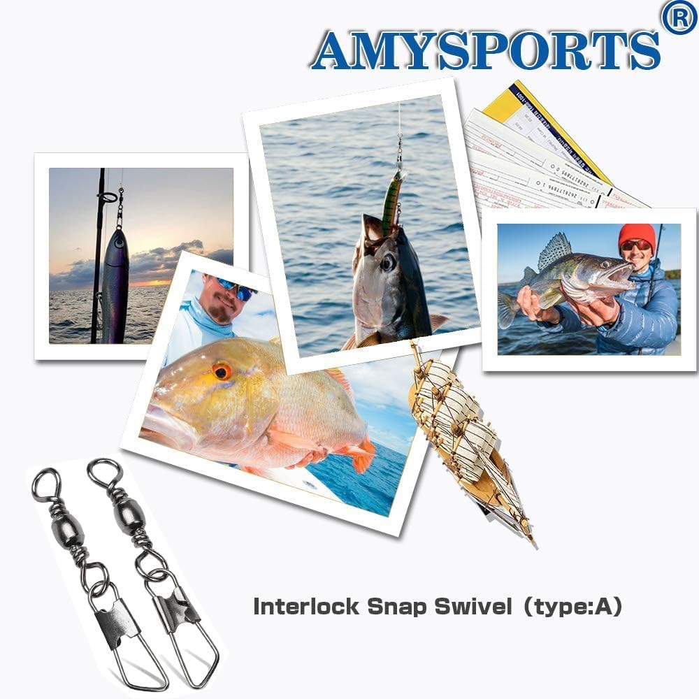 Fishing Swivel Snaps Kit Solid Barrel Swivel, 200Pcs Fishing Swivels Fishing Trout Fishing Swivels Carabiner Fishing Swivels,2# 4# 6# 8# 10#Fish Fishing Barrel Swivel with Safety Snap Interlock Snap