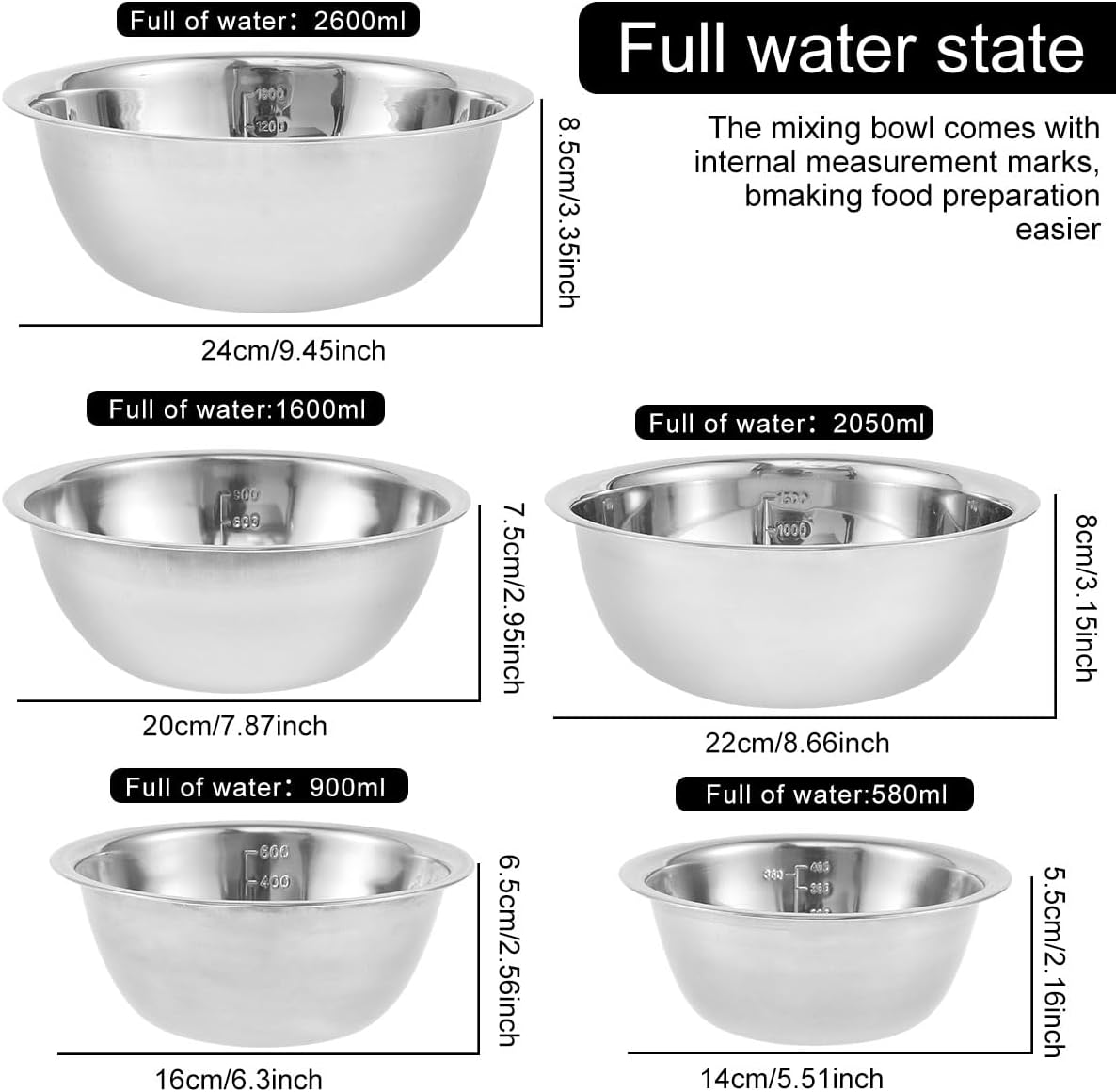 5 Pcs Stainless Steel Mixing Bowl Set with Internal Measurement Markers 5 Sizes 4.5QT 3QT 2QT 1.5QT 0.7QT Metal Nesting Bowls Multipurpose Metal Bowls for Serving Cooking Baking Prepping