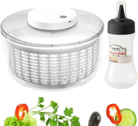Electric Salad Spinner,6L Large Capacity Lettuce Spinner,Automatic Vegetables Fruit Washer Dryer Drainer Strainer,USB Charge,Quick Dehydrator with 350 ml Squeeze Bottle for Home Kitchen