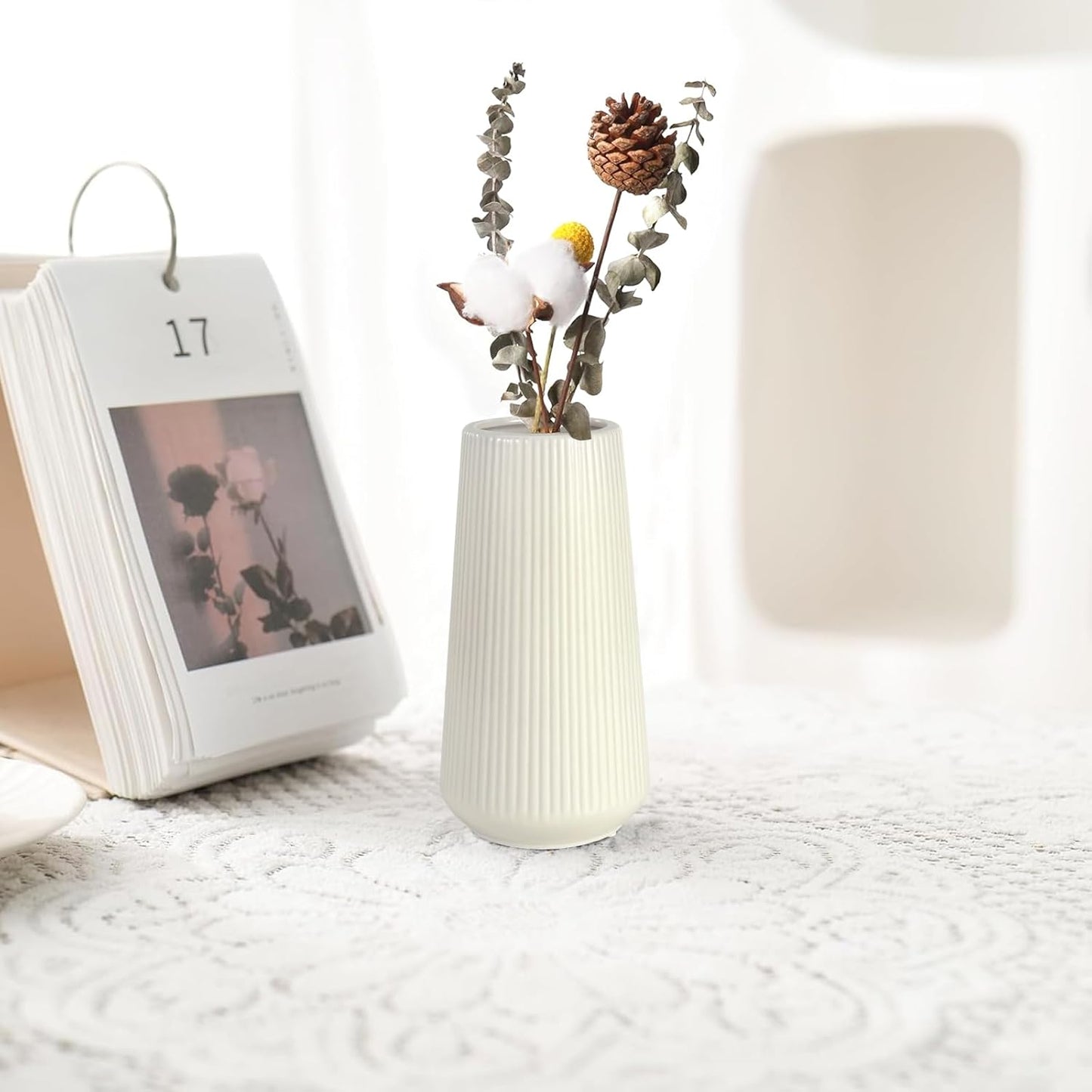 White Ceramic Vase, GUKJOB Small Cute Flower Vase for Pampas Grass, Home, Living Room, Dining Table, Farmhouse, Office Decor, Bedroom, Table, and Kitchen Shelf (White)