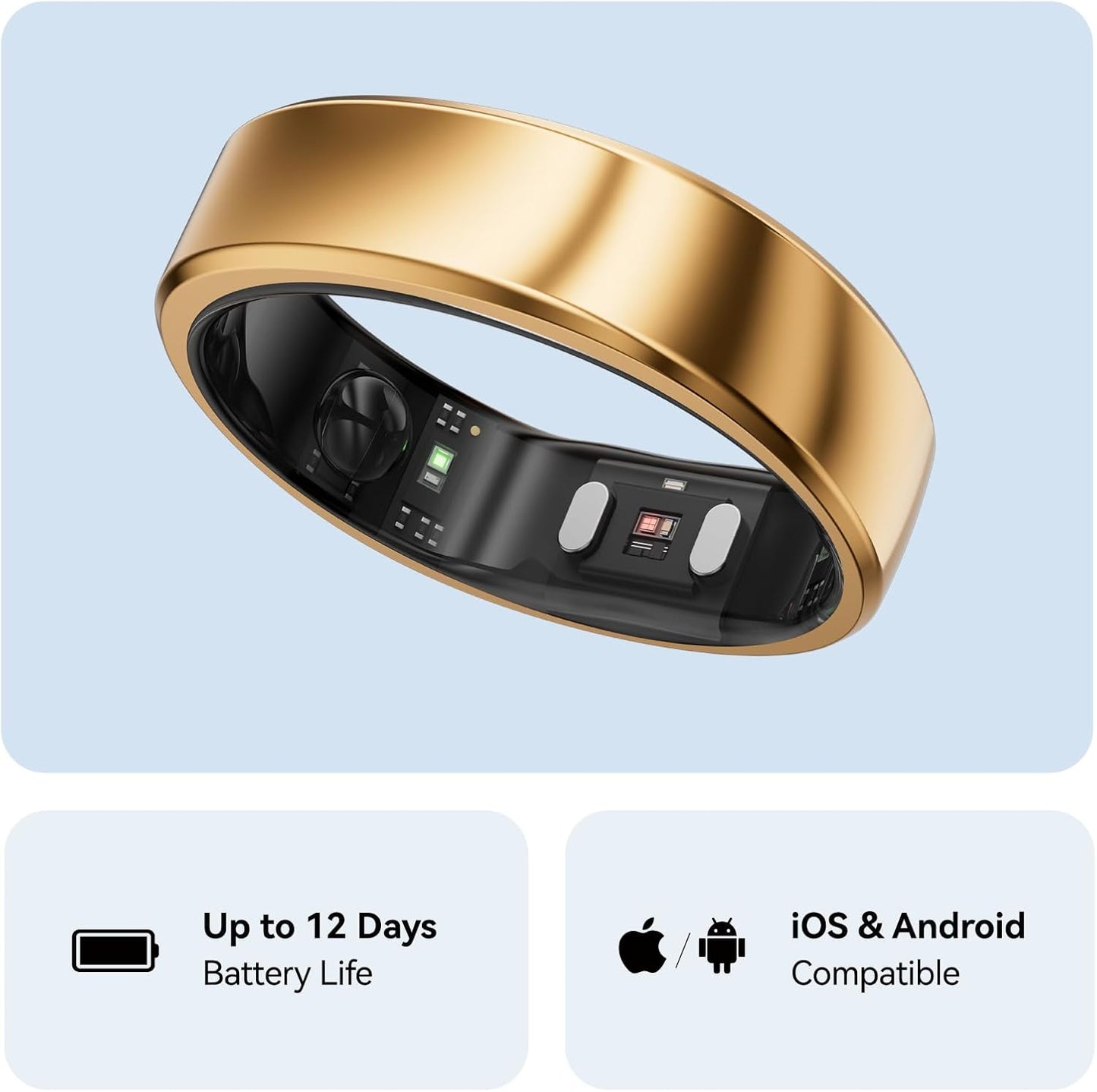 RingConn Gen 2 Smart Ring, No App Subscription, Size First with Sizing Kit, 12-Day Battery Life, Stress/Women's Health Tracker, Compatible with Android & iOS (Black, Size 8)