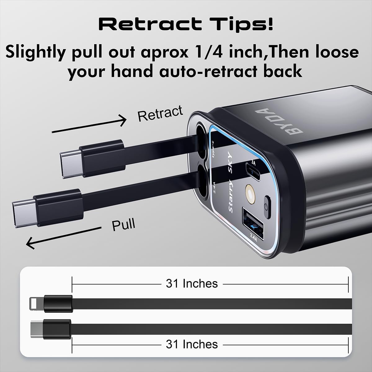4 in 1 Retractable Car Charger 69W with Starry Light,69W Fast Charging USB C for iPhone 16/15/14/13/12,Pixel, Cigarette Lighter Charger,180° Adjustable Plug,Multi-Device Support