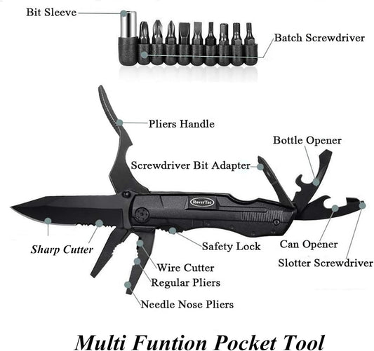 RoverTac Pocket Knife Tactical Folding Knife Multi Tool Survival Camping Knife, Multitool Knife Pliers Bottle & Can Opener 9-Pack Screwdrivers Liner Lock Nylon Sheath, Pocket Knife for Camping Hiking - PuriLite