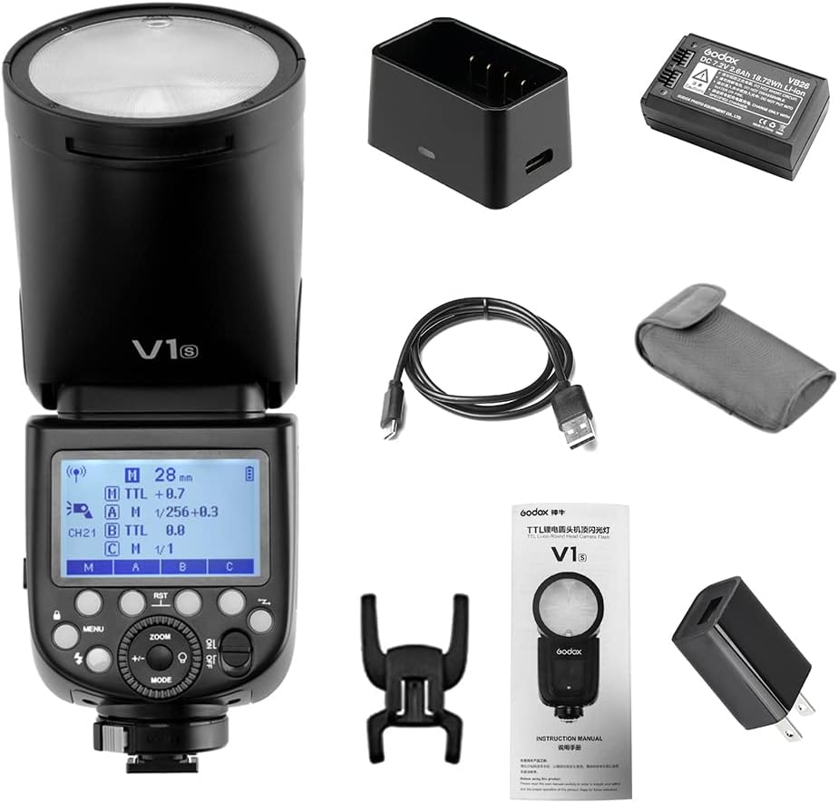 Godox V1S Professional Camera Flash Speedlite Speedlight Round Head Wireless 2.4G Fresnel Zoom Compatible with Sony Cameras for Wedding Portrait Studio Photography
