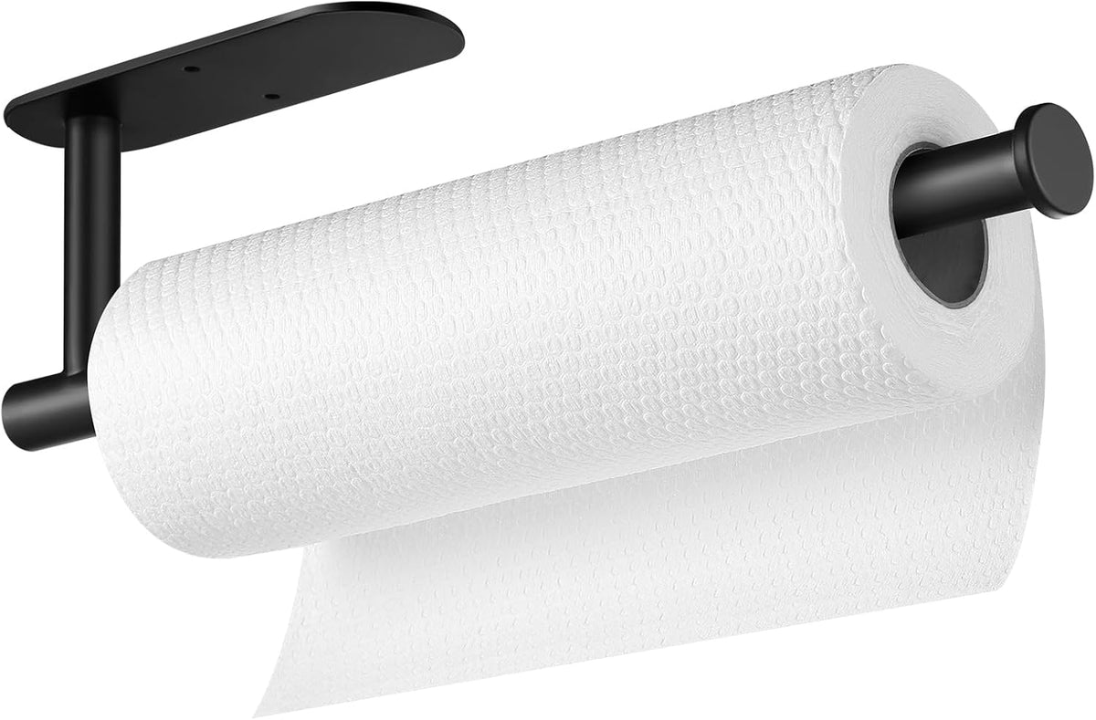 Fvviia Under-Cabinet Paper Towel Holder – Stainless Steel Wall Mount with Self-Adhesive & Screw Installation, Space-Saving Kitchen & Bathroom Towel Rack, Black - PuriLite