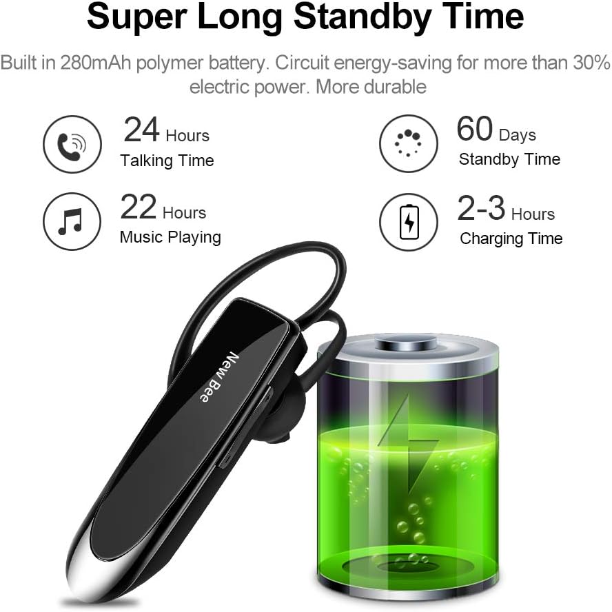 Bluetooth Headset New Bee 24Hrs V5.0 Bluetooth Earpiece Wireless Handsfree Driving Headset with Noise Canceling Mic Headset Case for iPhone Samsung Android Mobile Cell Phone Tablets Office