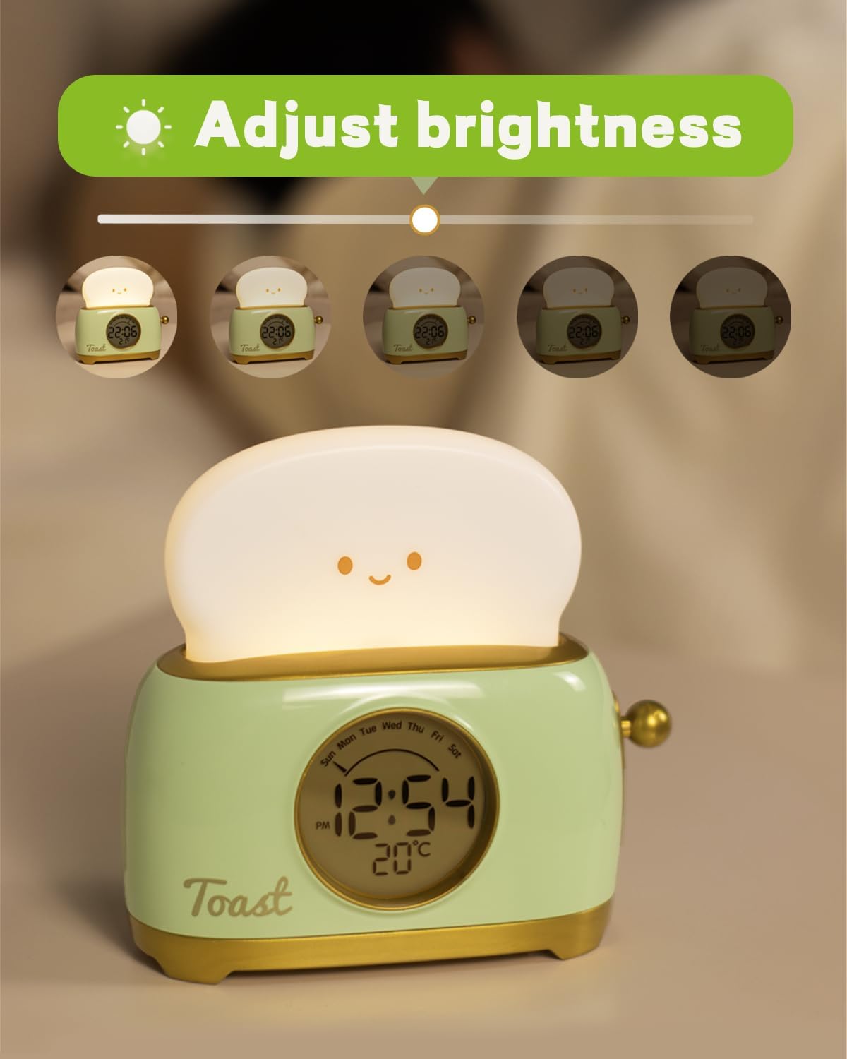 Alarm Clock for Kids, Cute Toast Night Light Alarm Clocks for Bedrooms, Dimming Rechargeable Small Led Desk Clock with Snooze & Countdown for Room Decor, Bedside Clock for Teen Girls Boys,Green