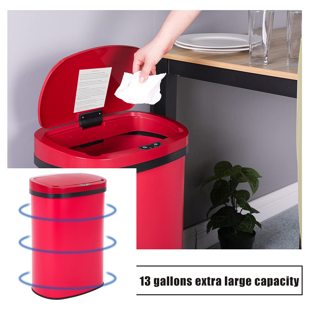 13 Gallon 50 Liter Garbage Can Kitchen Trash Can with Lid Automatic Sensor Touch Free Stainless Steel Waste Bin for Bathroom Bedroom Home Office,Black