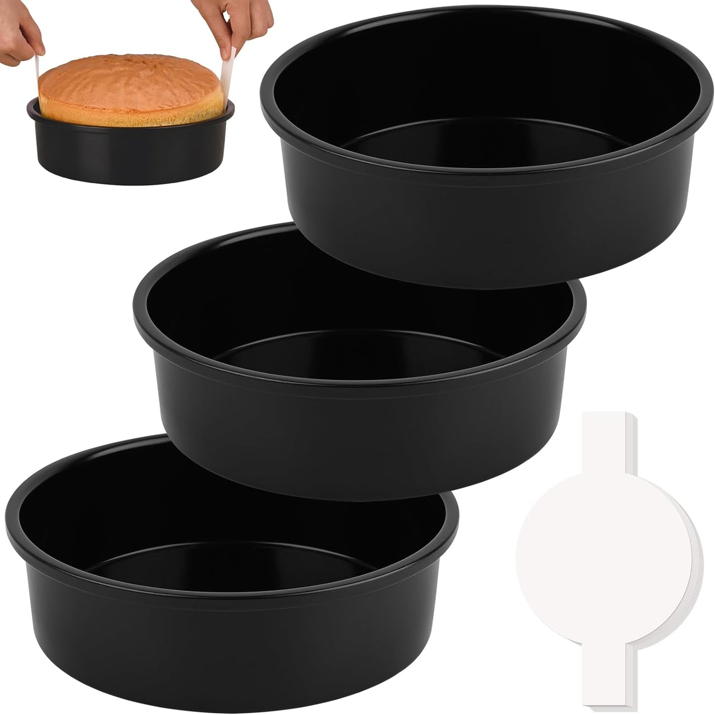 Purilite Select 3-Pack 8-Inch High Carbon Steel Cake Pans with 100 Parchment Papers