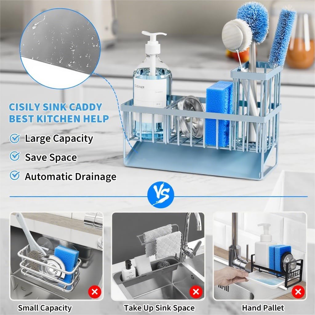 Cisily Kitchen Sink Caddy Organzier with High Brush Holder, Sponge Holder for Sink, 304 Rustproof Stainless, Kitchen Countertop Soap Dispenser Organizer, Kitchen Decor and Accessories (Black)