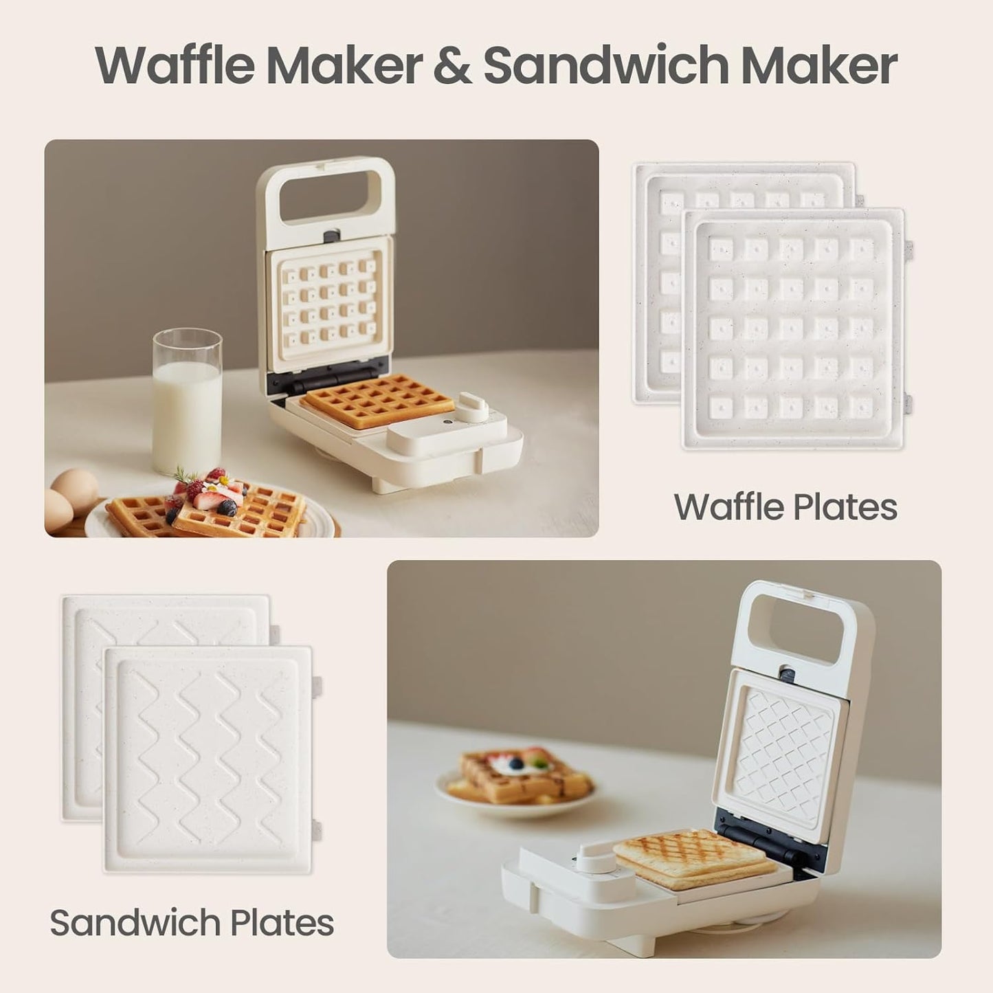 Waffle Sandwich Maker 2 in 1 Grill, Olayks Compact Waffle Makers with Removable Non-Stick Plates, Perfect for Cooking Grilled Cheese, Tuna Melts, Burgers, Steaks and Snacks