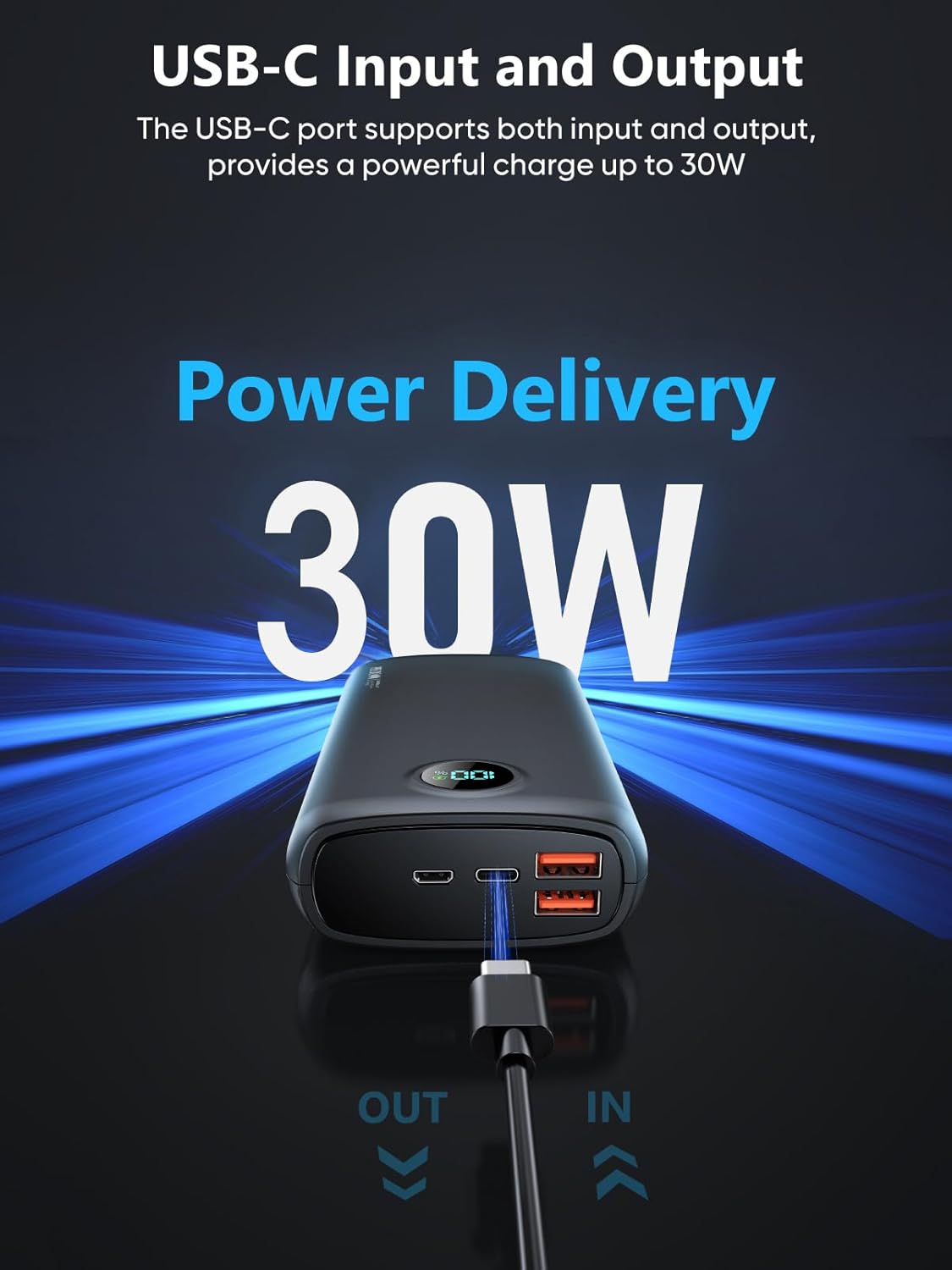 Portable Charger with Built in Cable Power Bank 40000mAh PD 30W Fast Charger Battery Pack Built-in Type-C/iOS Cable and Flashlight Compatible with iPhone Samsung Google iPad etc