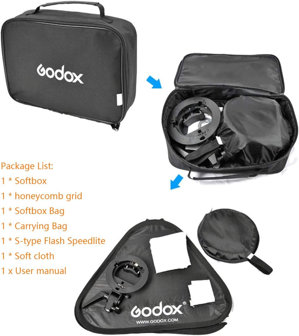 Godox S Type Bracket Bowens Holder S Mount Holder with Foldable 40x40cm /15.7x15.7 inches Softbox and Honeycomb Grid & Bag Kit for Flash Camera Studio Photography