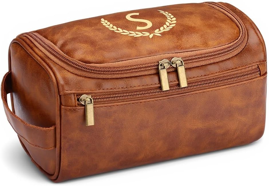 OXYEFEI Toiletry Bag Men,Gifts for Men,Mens Toiletry Travel Shaving Dopp Kit Bag with Initial PU Leather Cosmetic Bags Organizer Storage Accessories (R)