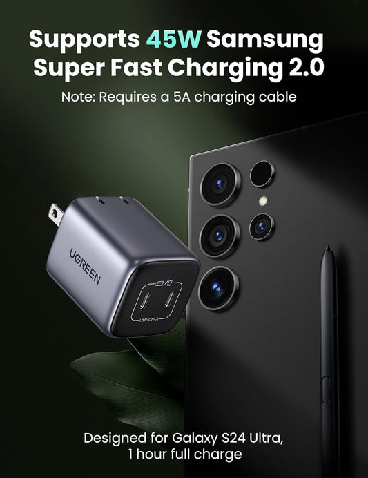 UGREEN Nexode 45W USB C Charger Block, GaN PPS Dual Port USB C Fast Charger Super Fast Charge 2.0 Wall Plug Compatible with Galaxy S25 S24 Ultra S23 A54, iPad, iPhone16, Pixel 9, Black - PuriLite