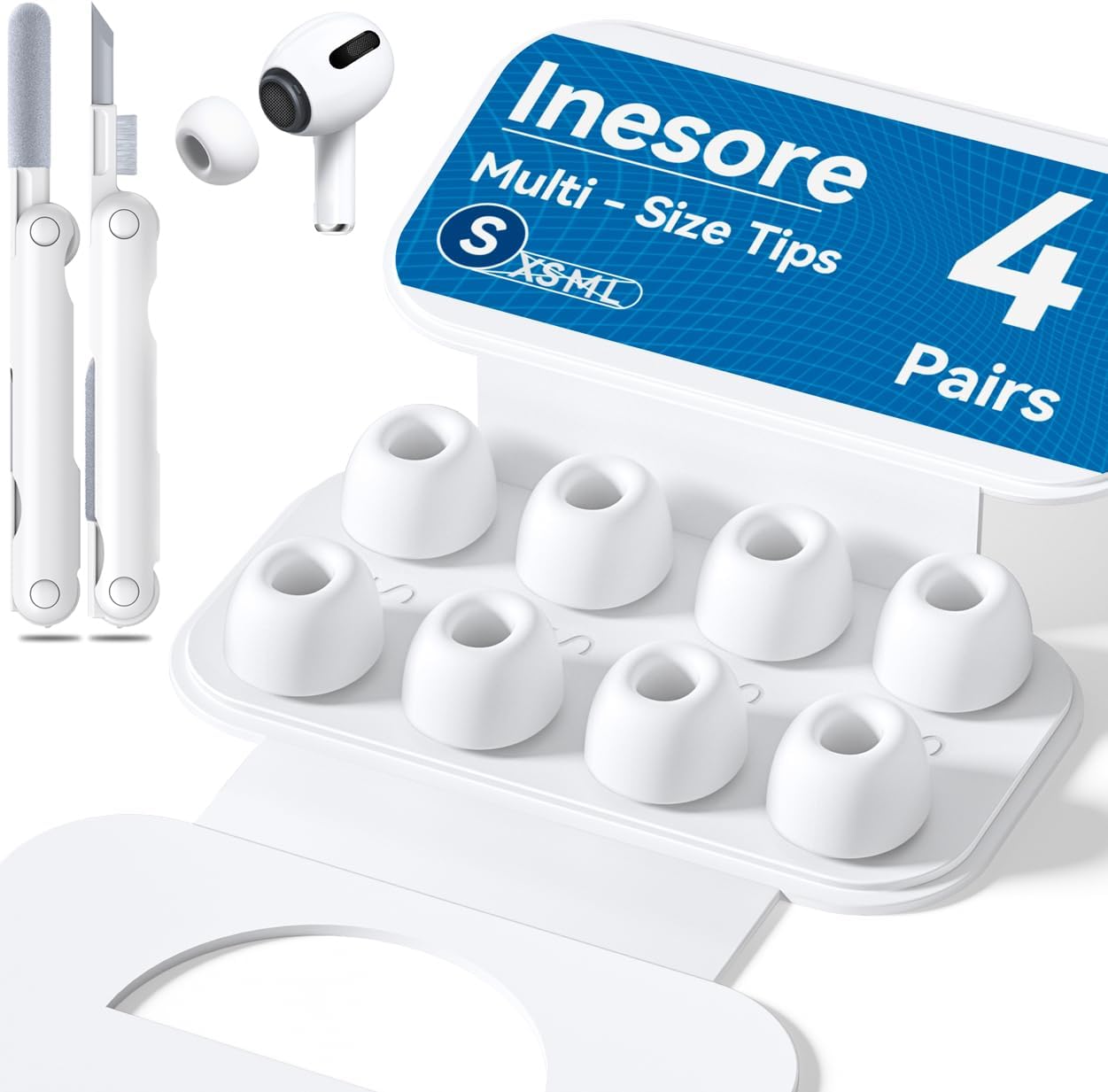 4 Pairs Replacement Ear Tips for AirPods Pro 2nd/1st Generation with Portable Storage Box & Cleaner Pen,Noise Reduction Holewith & Built-in dust Guard Screen,Silicone Ear Tips for AirPods Pro (White)