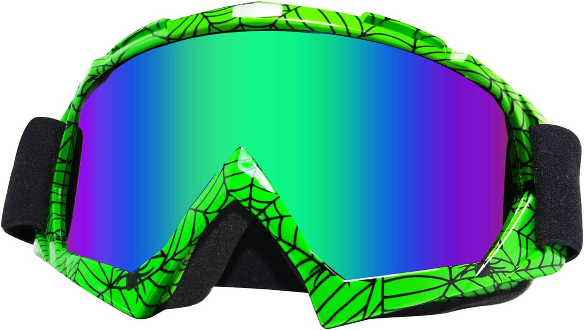 CoPvner Dirt Bike Motorcycle Goggles ATV Motocross Riding Goggles UV400 OTG Offroad MX Helmet Racing Four Wheeler Goggle for Adults Men Women Youth Kids(Spider green frame+color lens) - PuriLite