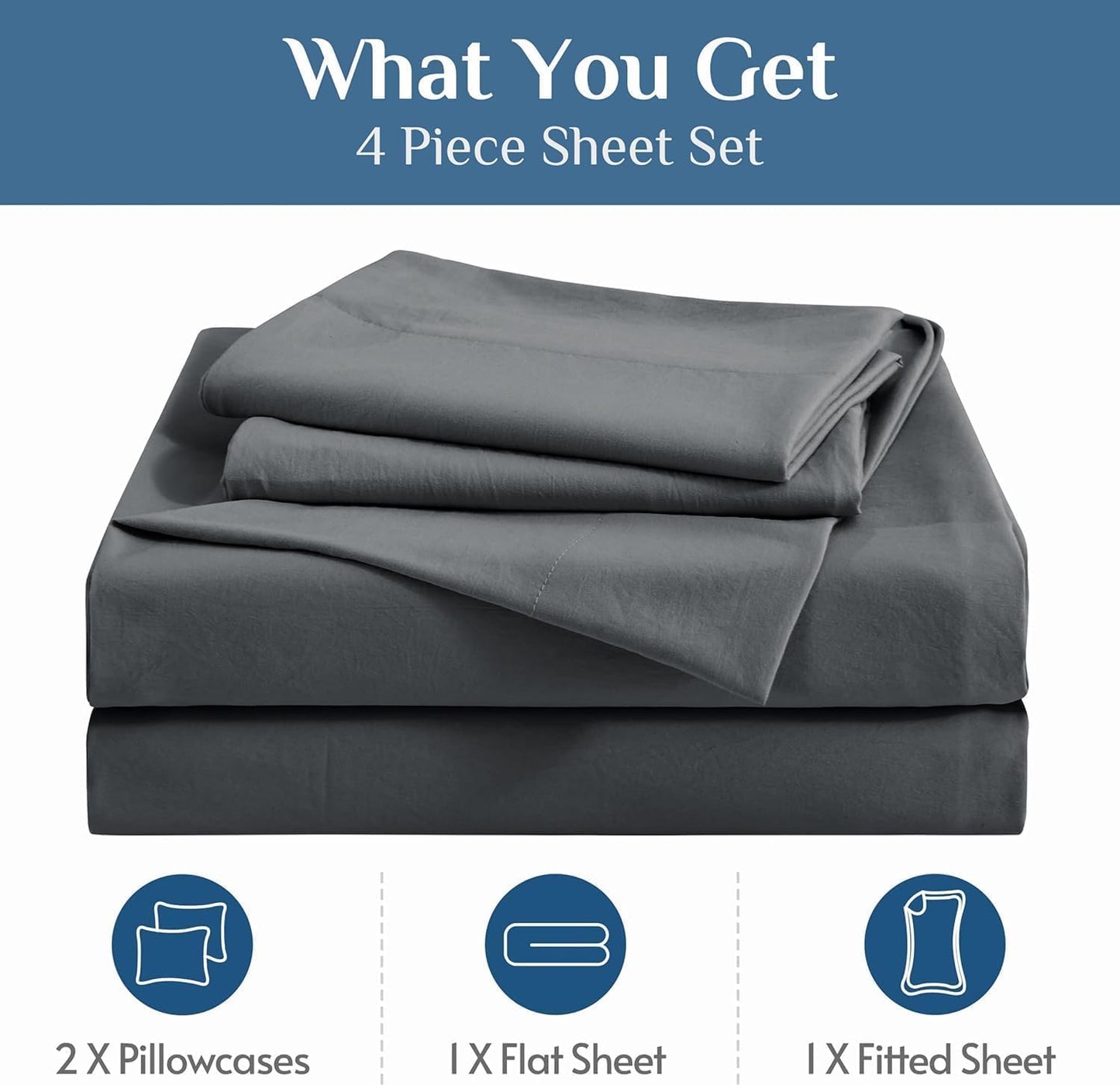 JOLLYVOGUE Queen Size Bed Sheet Set - 4 Piece Bed Sheets Set with Deep Pocket - Soft Breathable & Cooling - Resists Shrinkage & Fading Draps Queen - Easy Care (Dark Grey)