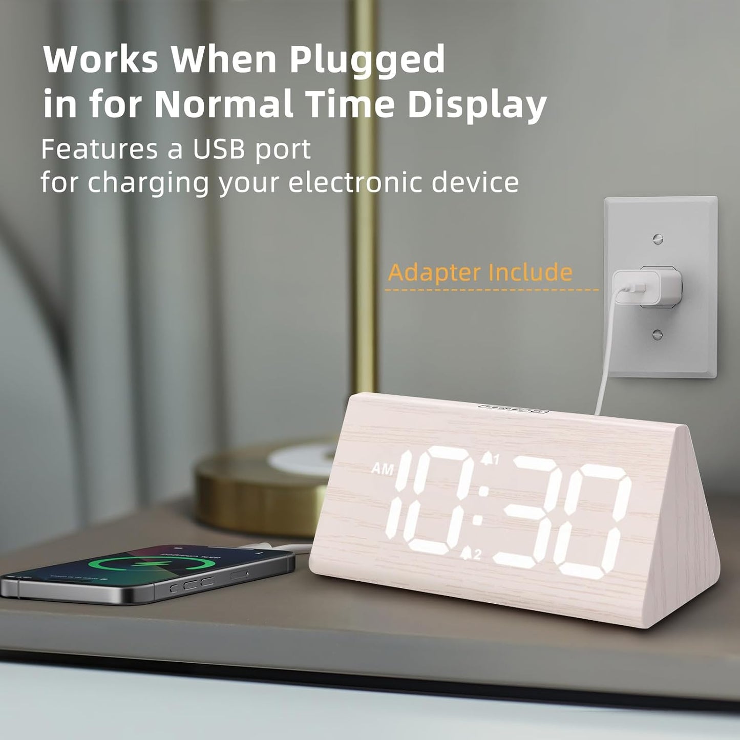 Odokee Wooden Digital Alarm Clock for Bedroom: Electric Desk Clock with Large LED Display - Brown