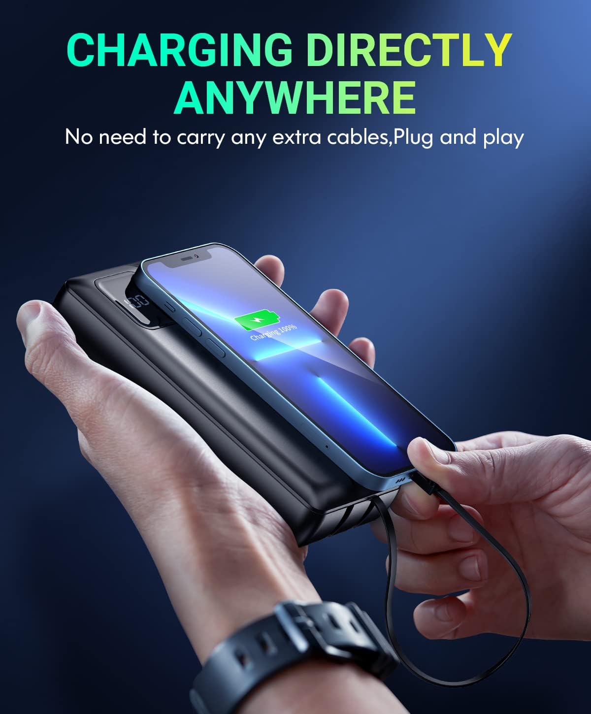 Power-Bank-Portable-Charger - 40000mAh Power Bank Support PD 30W and QC4.0 Fast Charging wiht Built-in 2 Output Cable and LED Display for iPhone and Android Phones and Most Electronic Devices