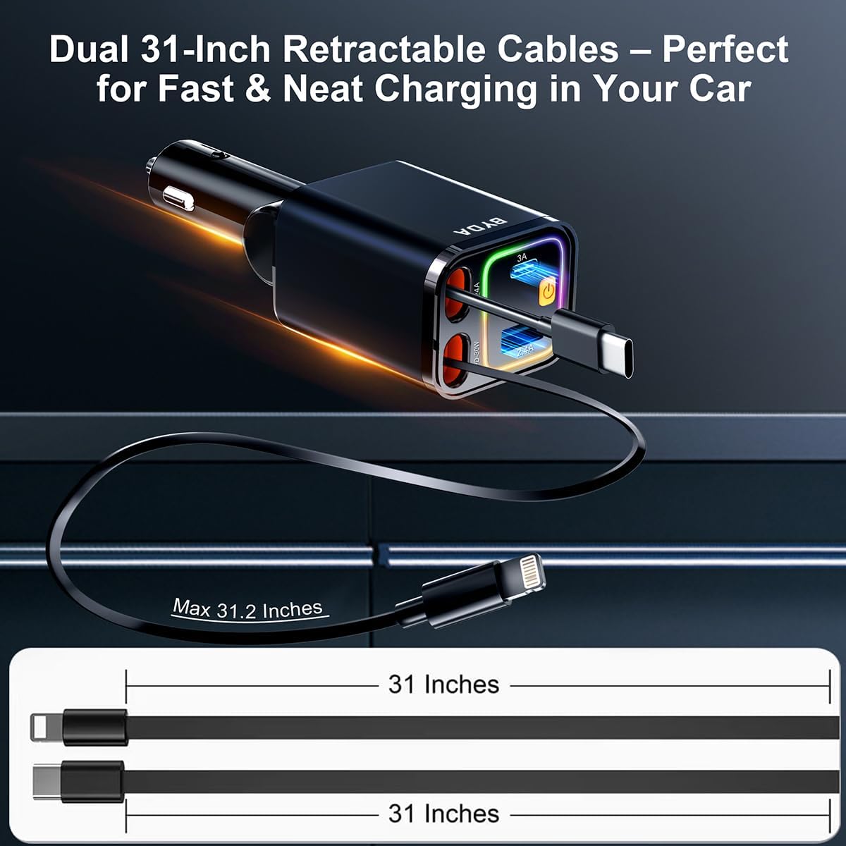 4 in 1 Retractable Car Charger,69W Fast Charging USB C for iPhone 16/15/14/13/12,iPad,Android,Galaxy,Pixel,Cigarette Lighter Adapter (Light-ning+USB-C)