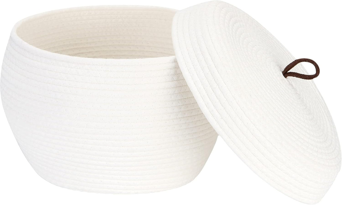 Sea Team Round Cotton Rope Storage Basket with Lid, Decorative Woven Storage Bin, Pot, Caddy, Organizer, Container for Snacks, Towels, Plants (Grey, Small)