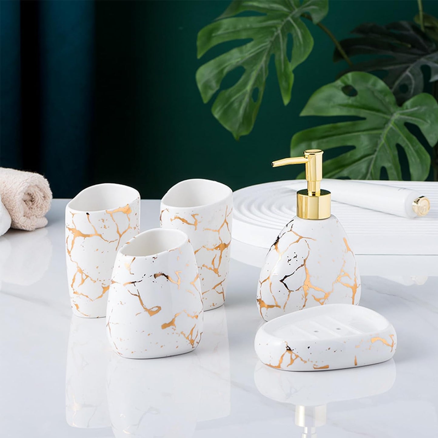 White Bathroom Accessories Set,Modern Countertop Bathroom Decor,Luxury 6 Piece Bathroom Accessory Set,Complete with Soap Dispenser,Toothbrush Holder,Tumbler,Tray