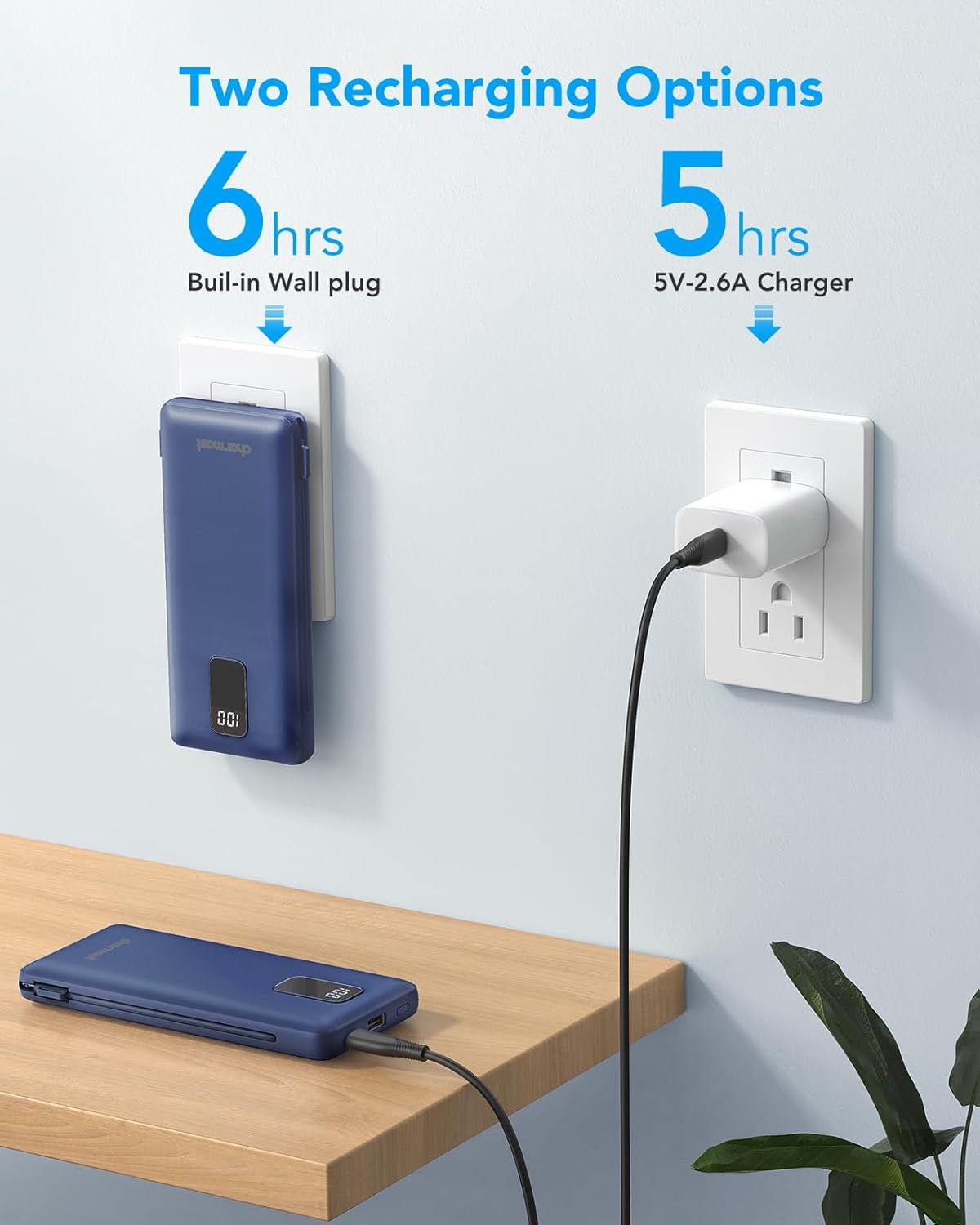 Charmast 10000mAh Portable Charger with Built-in Cables and AC Wall Plug,USB C Battery Pack Power Bank,5 Output 2 Input Battery Pack Compatible with iPhone 16/15/14/13/12,Andriod Series