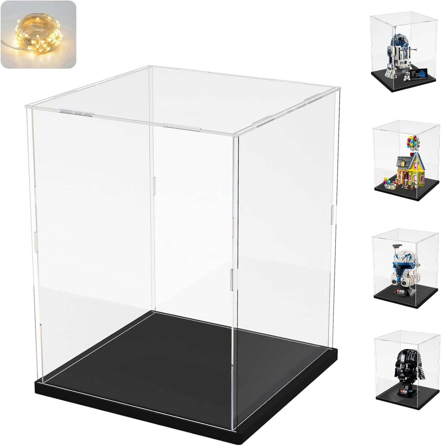 Thickened Clear Acrylic Display Case for Lego 10330 43268 76450 42170 10295 10353 Collectibles, Transparent Box Dustproof Protection with Wood-Plastic Base & String Light, Black Inside 40x20x20cm