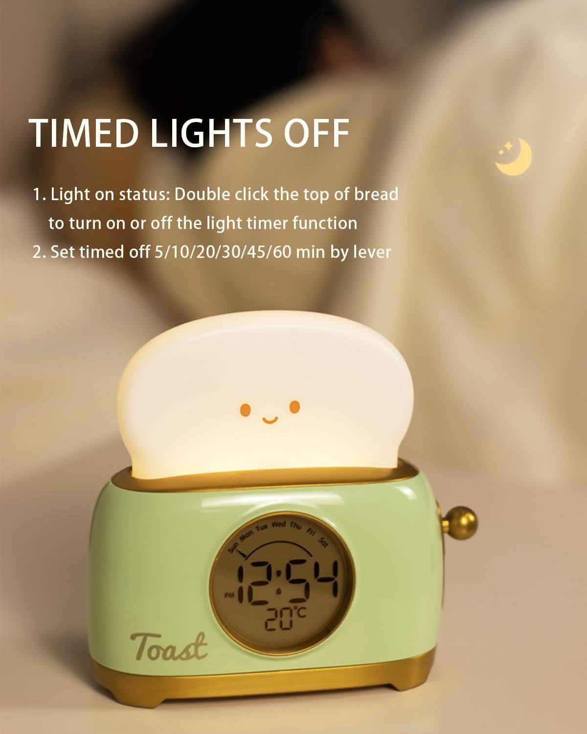 Alarm Clock for Kids, Cute Toast Night Light Alarm Clocks for Bedrooms, Dimming Rechargeable Small Led Desk Clock with Snooze & Countdown for Room Decor, Bedside Clock for Teen Girls Boys,Green