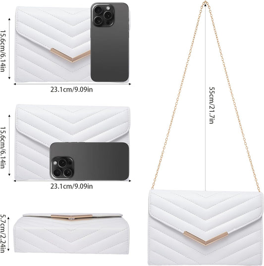 Larcenciel White Quilted Evening Clutch Bag, Elegant Envelope Vegan Leather Crossbody Purse for Women, Detachable Chain & Wristlet Strap, Formal Wedding Guest Bridal Prom Cocktail Party Handbag Wallet - PuriLite