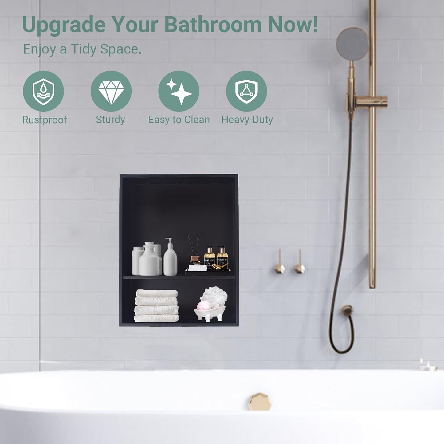 BLYLUND Shower Niche 12" x 24" NO Tile Needed,Matte Black Double Shelf Organizer, Square Corners Wall-Inserted Niche Recessed Shower Shelf Modern Soap Niche for Bathroom