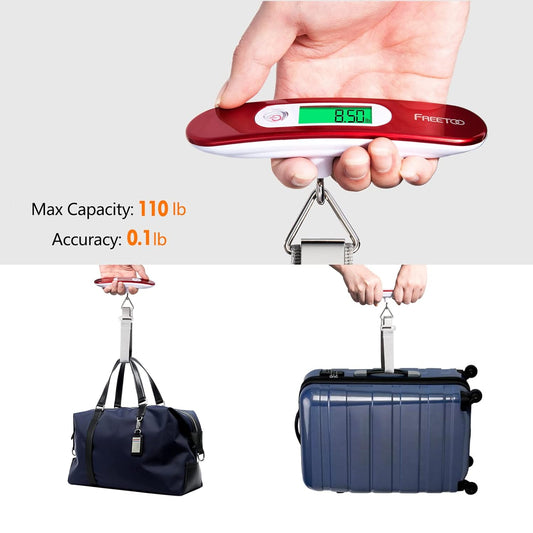 Portable Digital Luggage Scale 110lb / 50kg – Travel Suitcase Weight Scale with Tare Function, Backlit LCD, Auto-Off, Lightweight and Compact (Red)