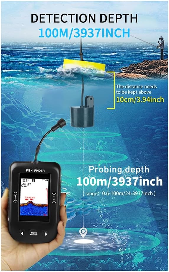 Uziurl Portable Fish Finder Water Depth Temperature Fishfinder with Wire Sonar Sensor Transducer for Fishing Black