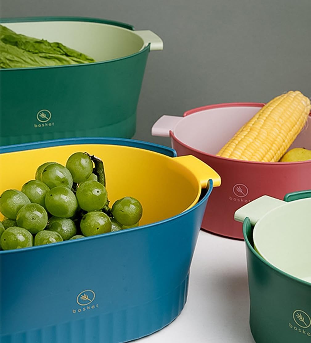 Kitchen Washbas Food Strainer Drain Basket Rotating Drainer Double-Layer Basin Vegetable Fruit Washing Strainer