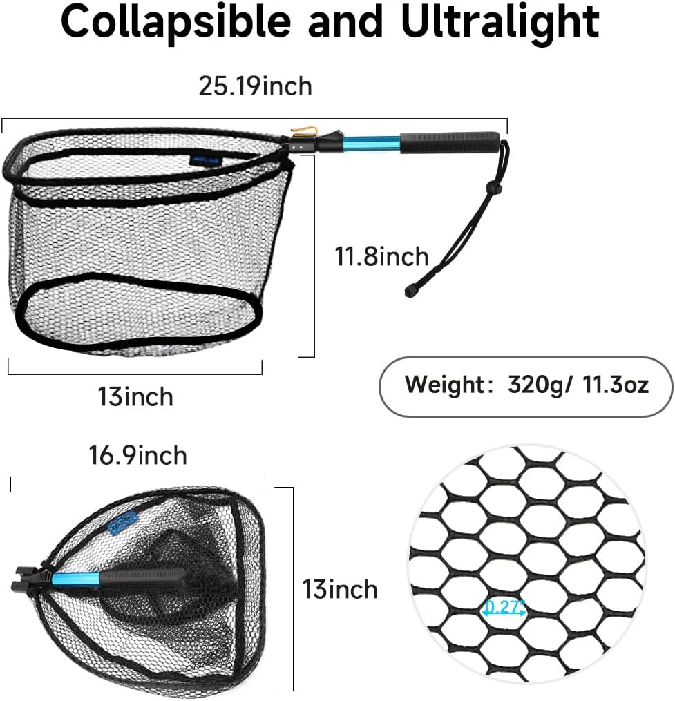 SAN LIKE Fishing Net Telescopic Landing Nets Folding Rubber Fish Net Rubber Coated Landing Net with Adjustable Sturdy Pole Handle for Saltwater Freshwater Bass Trout Fishing Easy Catch & Release