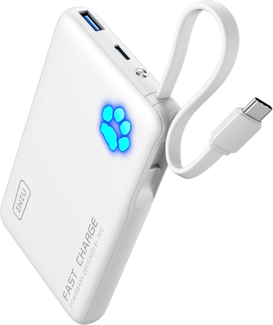 INIU Portable Charger, Slim 10000mAh Power Bank with Build in USB-C Cable, 20W Fast Charging Battery Pack, Cruise Ship Travel Essentials Phone Charger for College Students Teen Boys Girls, White