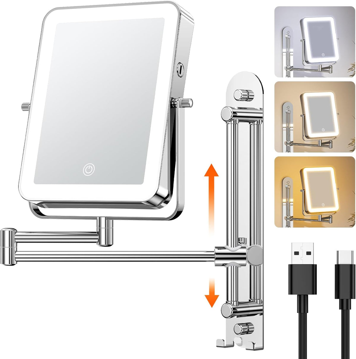 Gospire Height Adjustable Wall Mounted Lighted Makeup Mirror with Hooks, 3000mAh Rechargeable with 1X/10X Magnification, 3 Light Colors and Stepless Dimming for Bathroom