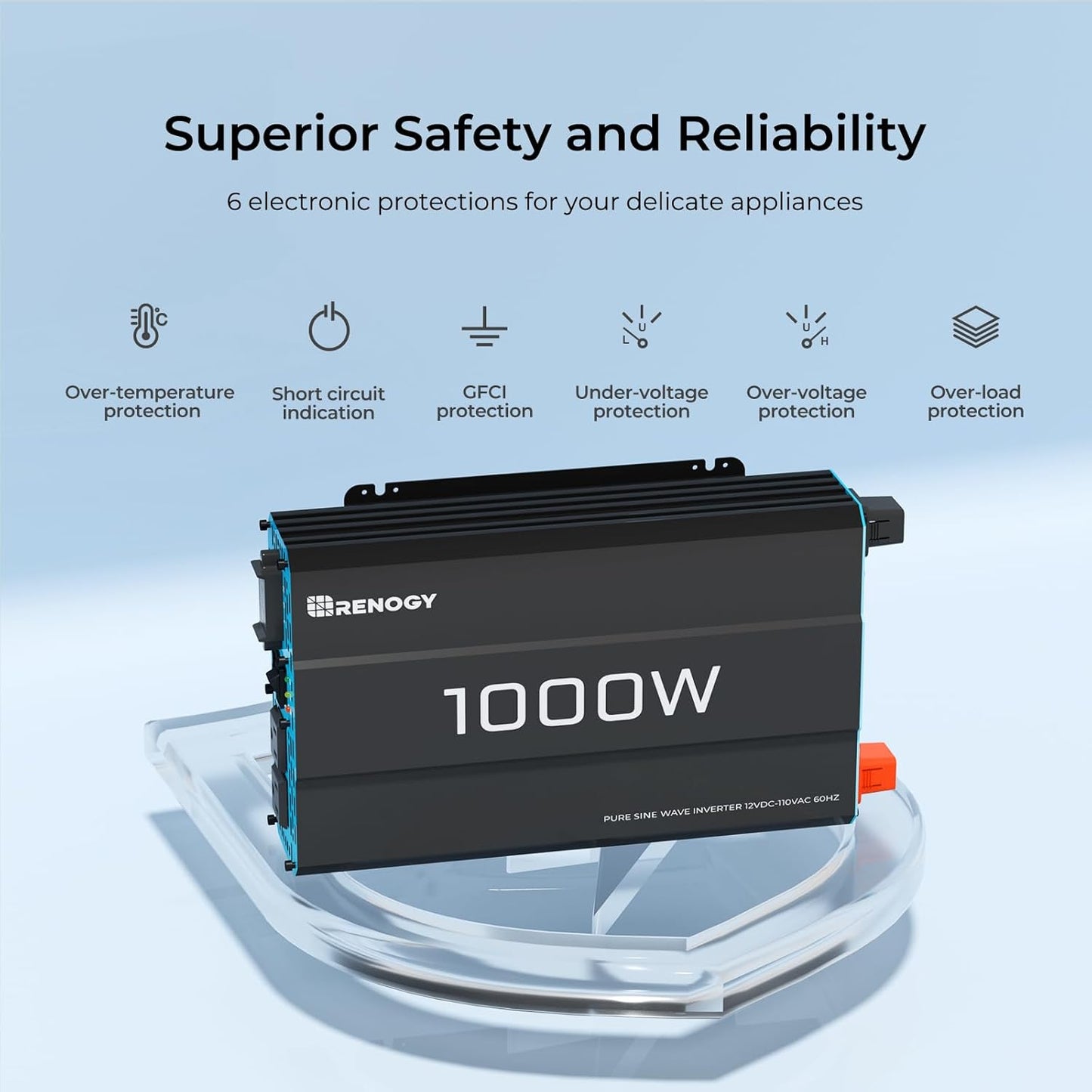Renogy Pure Sine Wave Inverter 1000w Power Inverter DC 12v to AC 110v, Solar Inverter 12v to 110v Converter with 5V/2.1A USB Port, 2 AC Ports, Remote Controller