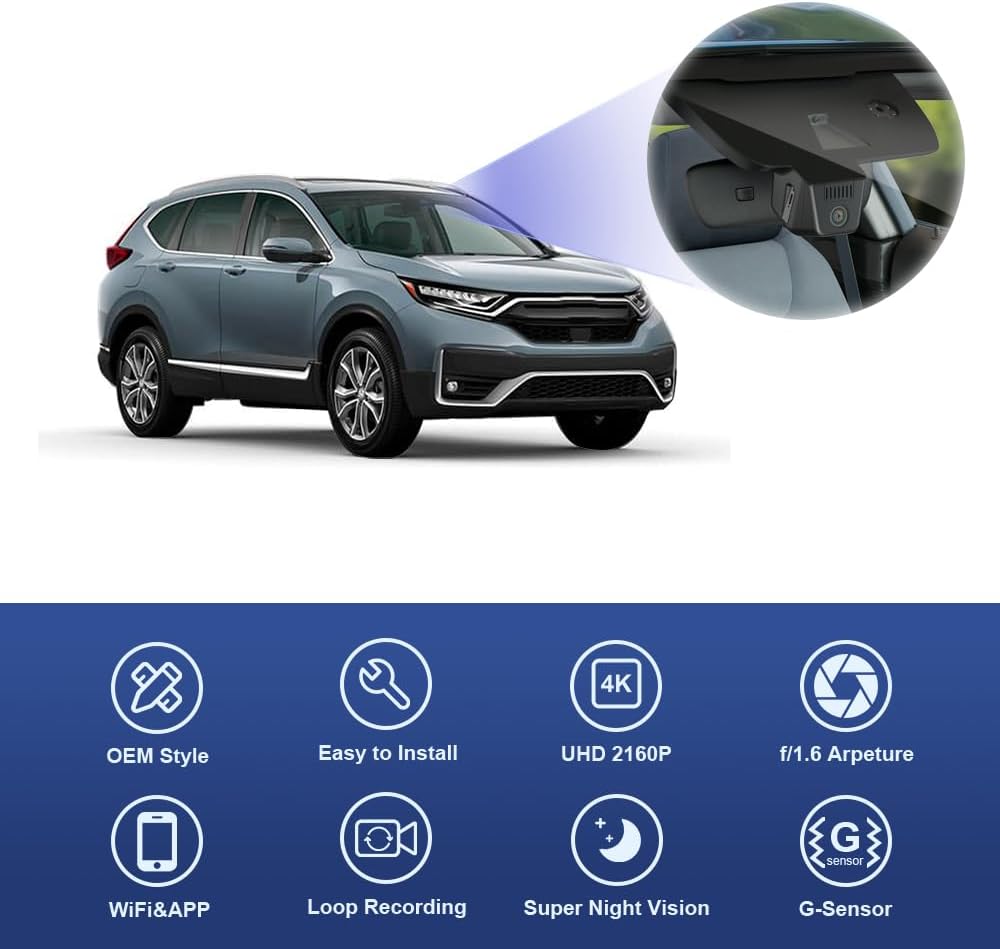 Fitcamx 4K Dash Cam 2160P Front and Rear 1080P Suitable for Honda CR-V LX EX EX-L Touring 2022 2021 2020 2019 2018 2017 (Gen5), OEM Look, 2160P+1080P HD Video WiFi, Loop Recording G-Sensor, 128GB Card