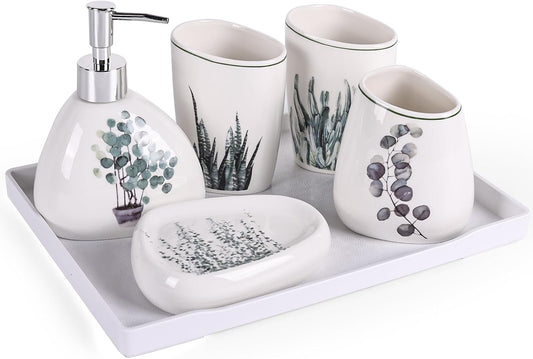 White Bathroom Accessories Set,Modern Countertop Bathroom Decor,Luxury 6 Piece Bathroom Accessory Set,Complete with Soap Dispenser,Toothbrush Holder,Tumbler,Tray - PuriLite