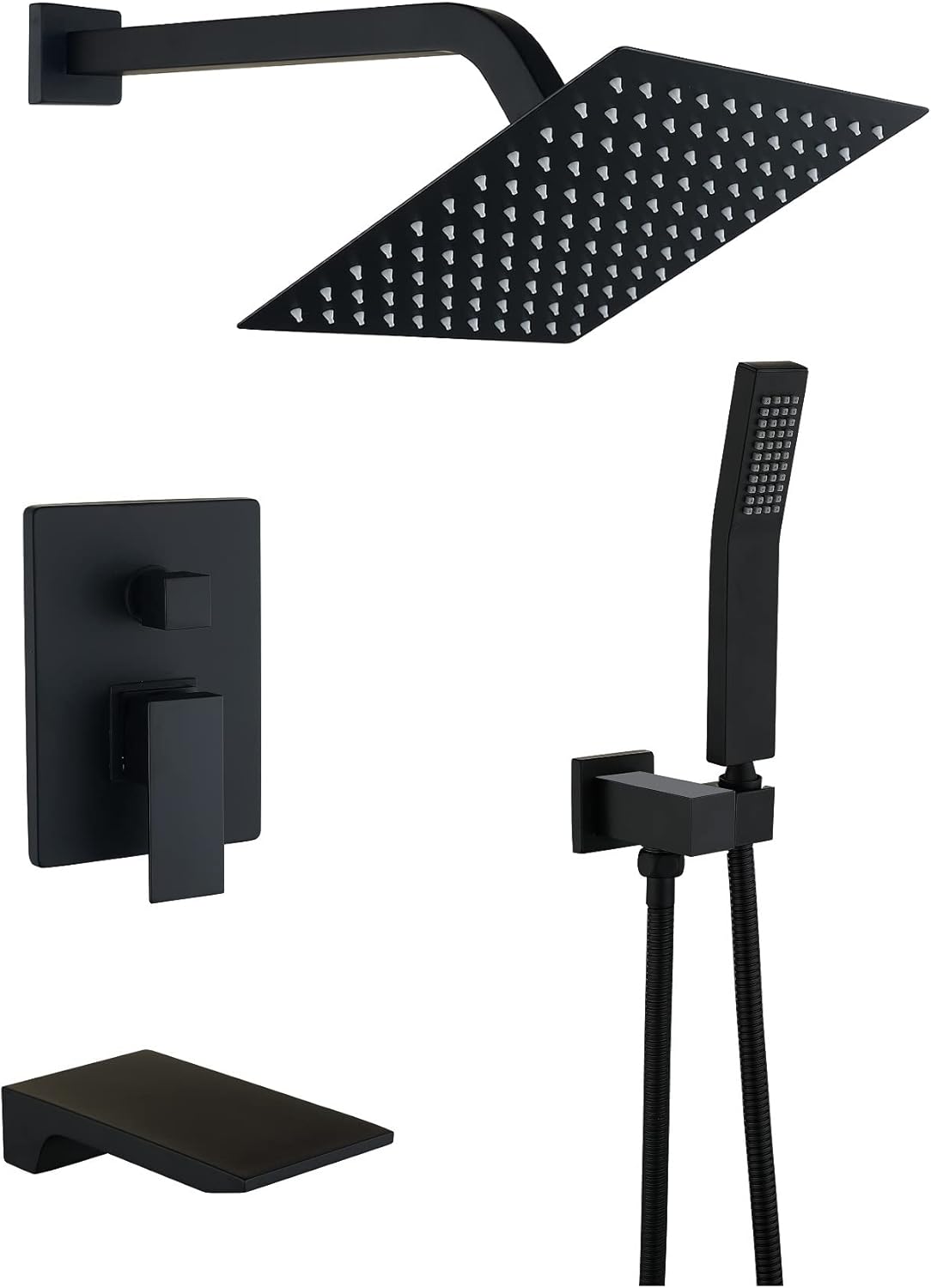 Bathtub Shower System Matte Black Tub Shower Faucet Complete Set with 10 Inch Rain Head with Handheld and Waterfall Shower Faucet Combo