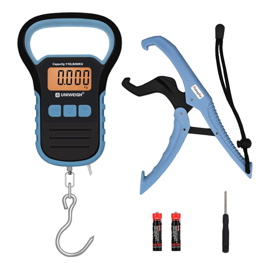 UNIWEIGH Digital Fish Scale Luggage Scale with Fish Lip Gripper, Backlight LCD Display 110lb/50kg Electronic Balance Digital Fishing Postal Hanging Hook Luggage Scale 2 AAA Batteries Included