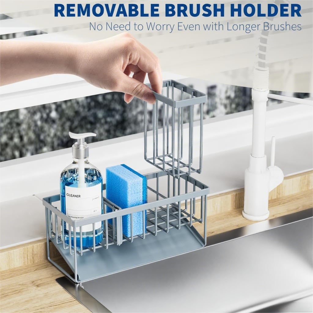 Cisily Kitchen Sink Caddy Organzier with High Brush Holder, Sponge Holder for Sink, 304 Rustproof Stainless, Kitchen Countertop Soap Dispenser Organizer, Kitchen Decor and Accessories (Black)