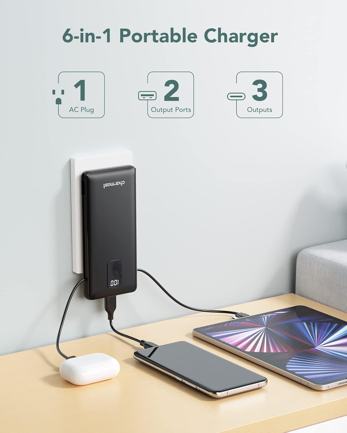 Charmast 10000mAh Portable Charger with Built-in Cables and AC Wall Plug,USB C Battery Pack Power Bank,5 Output 2 Input Battery Pack Compatible with iPhone 16/15/14/13/12,Andriod Series