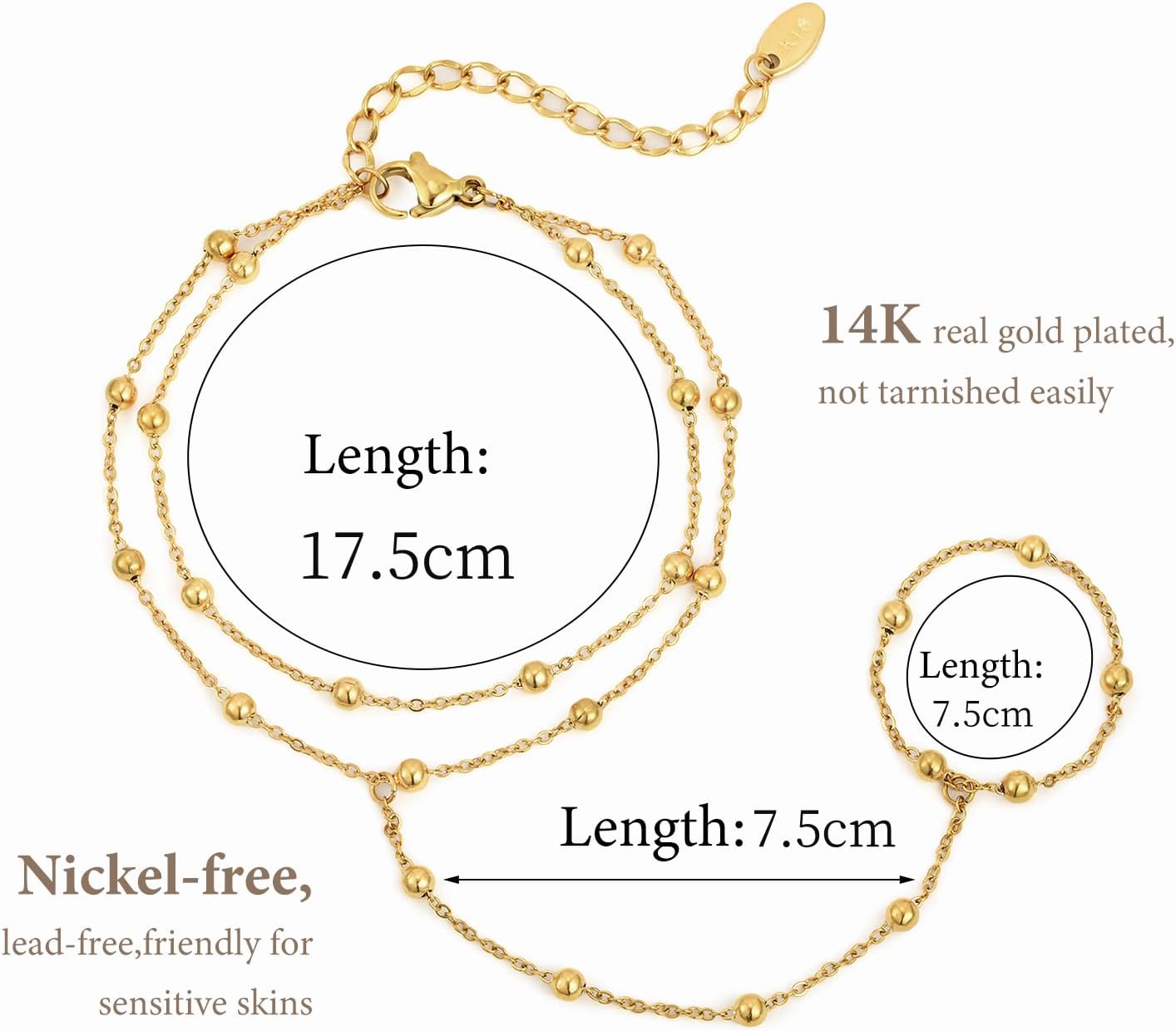 Hand Chain Ring Bracelet For Women, 14k Gold Plated Dainty Cubic Zirconia Minimalist Finger Ring Bracelet, Trendy Stuff Jewelry Gifts To Wife Girfriend Daughter Sister BBF, 17.5cm/7.5cm